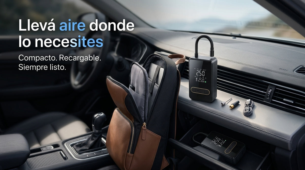 Inflador digital DROVENTO conectado a un neumático de auto