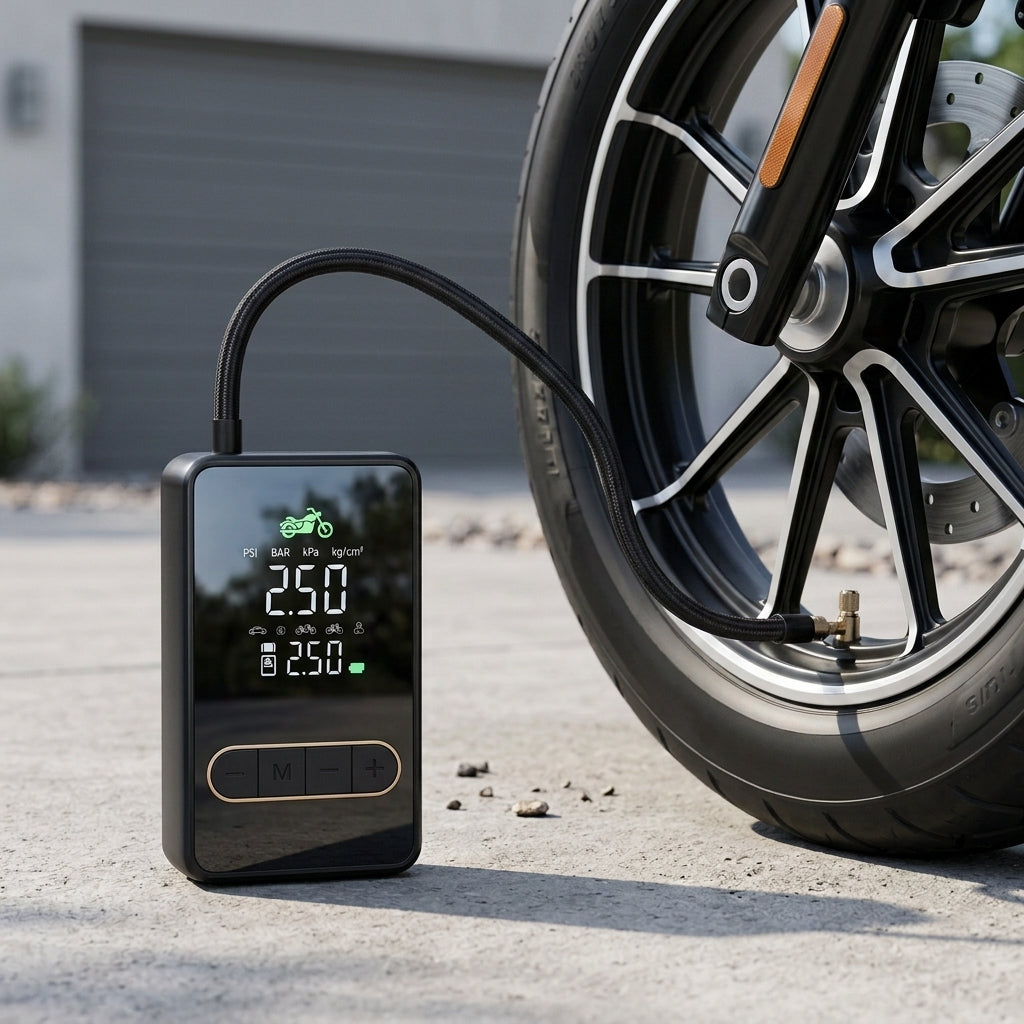 Inflador portátil DROVENTO inflando una rueda de motocicleta