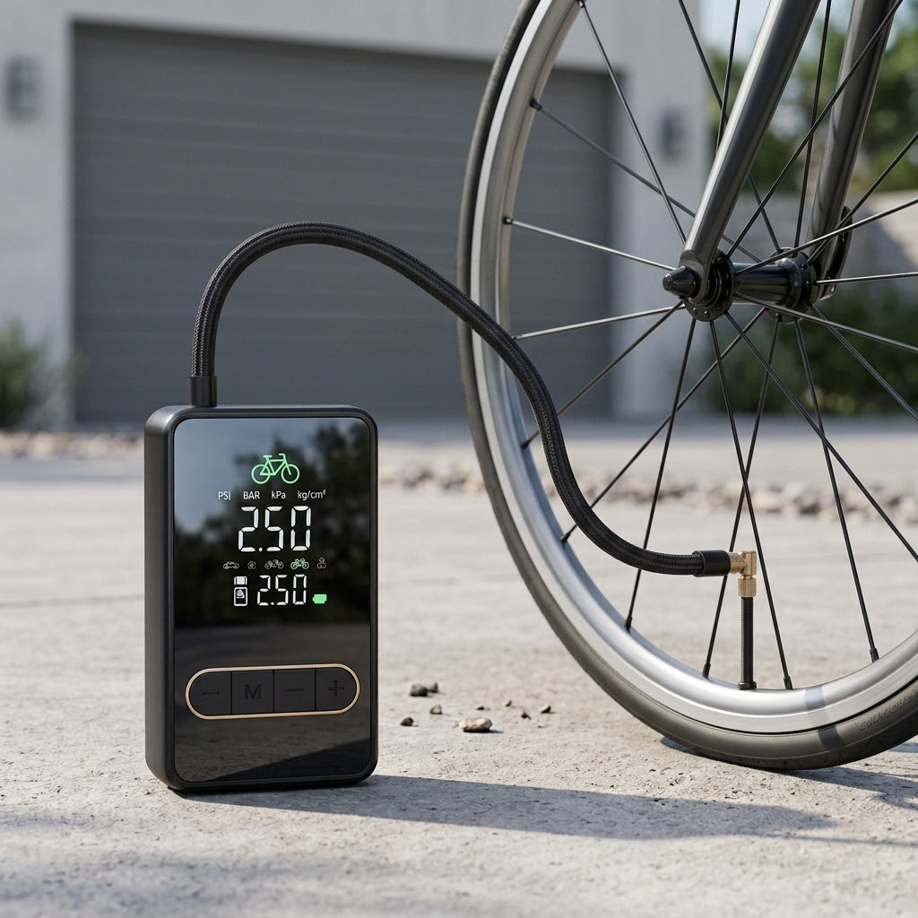 Inflador digital DROVENTO inflando una rueda de bicicleta