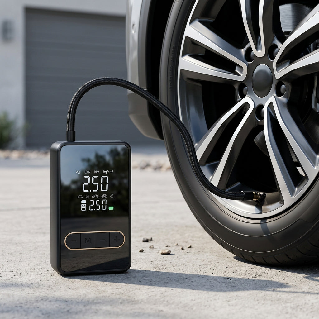Inflador DROVENTO inflando el neumático de un automóvil