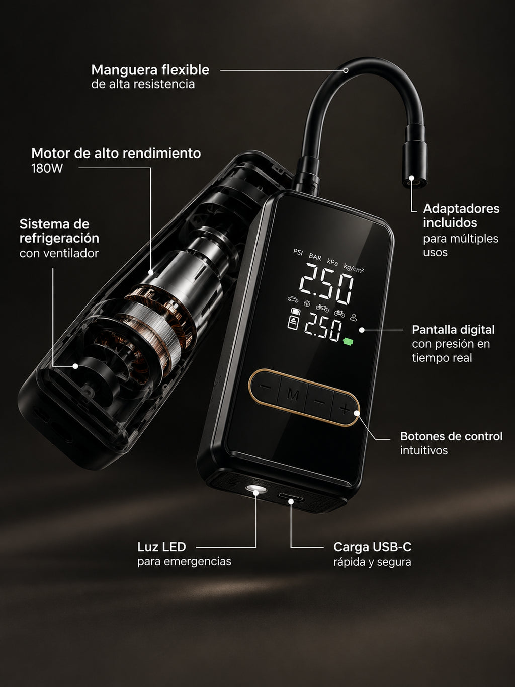 Inflador portátil Drovento negro con pantalla digital, manguera flexible y motor de alto rendimiento, mostrado en vista técnica con sus principales componentes y funciones.