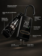 Inflador portátil Drovento negro con pantalla digital, manguera flexible y motor de alto rendimiento, mostrado en vista técnica con sus principales componentes y funciones.