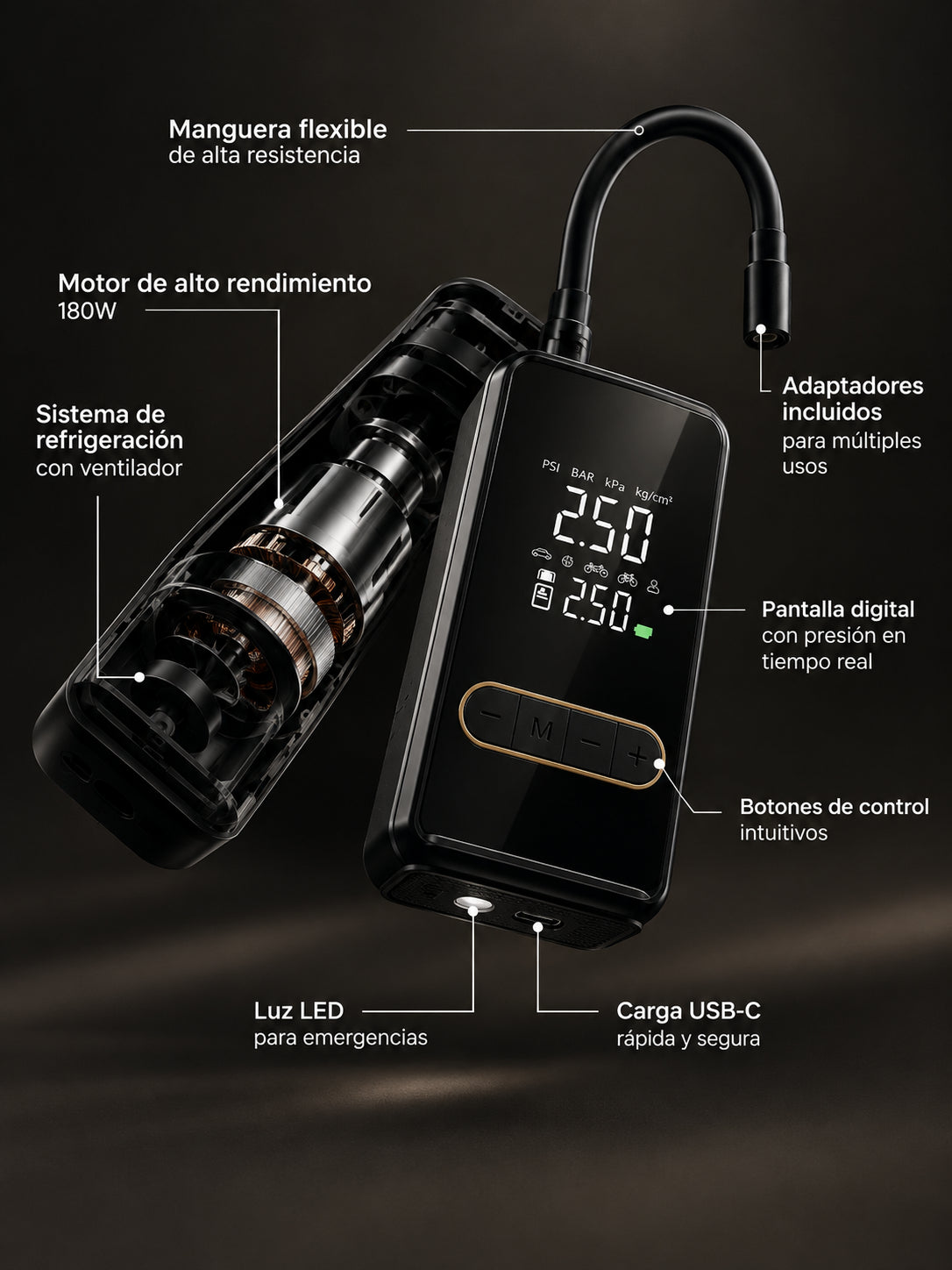 Inflador portátil Drovento negro con pantalla digital, manguera flexible y motor de alto rendimiento, mostrado en vista técnica con sus principales componentes y funciones.