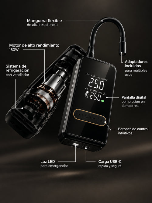 Inflador portátil Drovento negro con pantalla digital, manguera flexible y motor de alto rendimiento, mostrado en vista técnica con sus principales componentes y funciones.